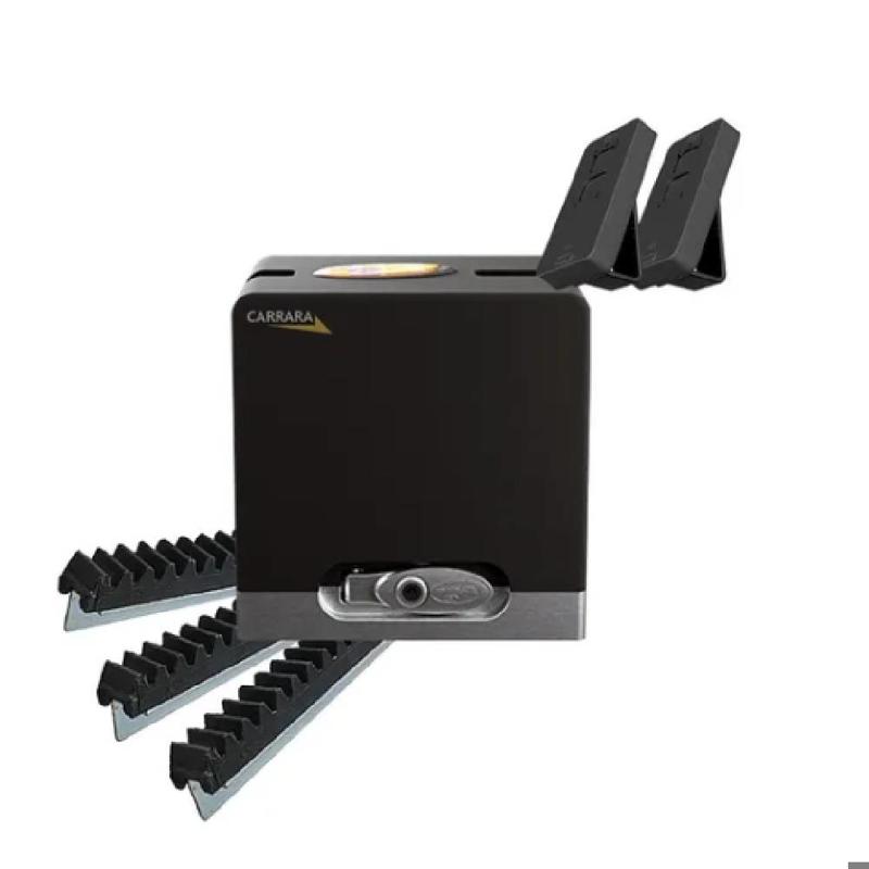 ANALÓGICO - 12 seg - 1/4 HP - Fuerza 450 Kg - Central Pop Prog - Cremallera POP - Uso domiciliario hasta 4 mts - Incluye 2 controles / 3 mts cremallera / Kit de fijación.